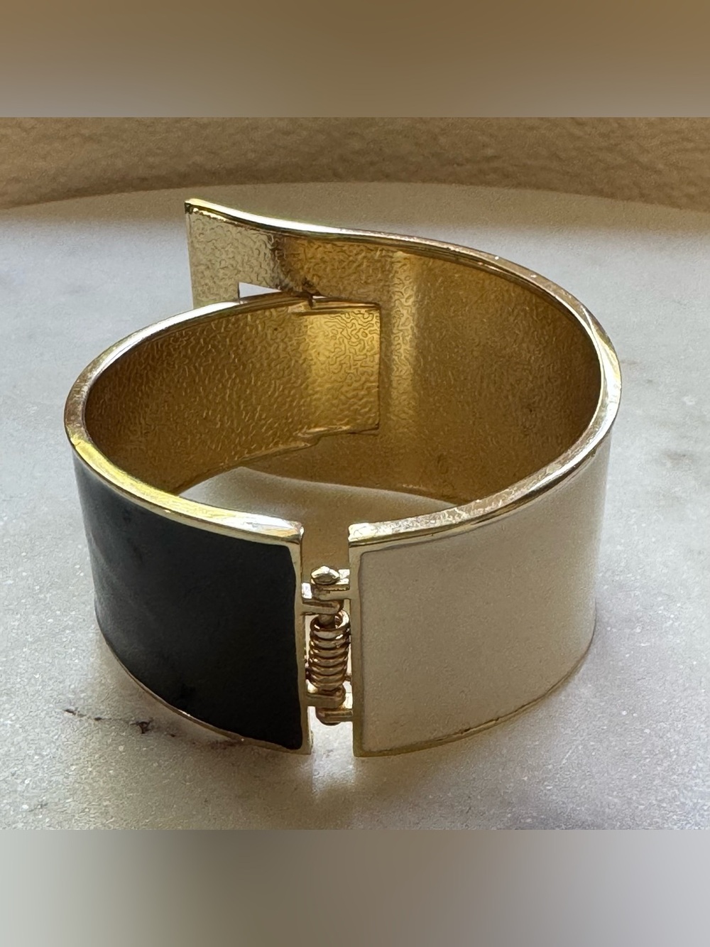 Gold-Tone Black and White Enamel Buckle Clamper Bracelet - Picture 6 of 11